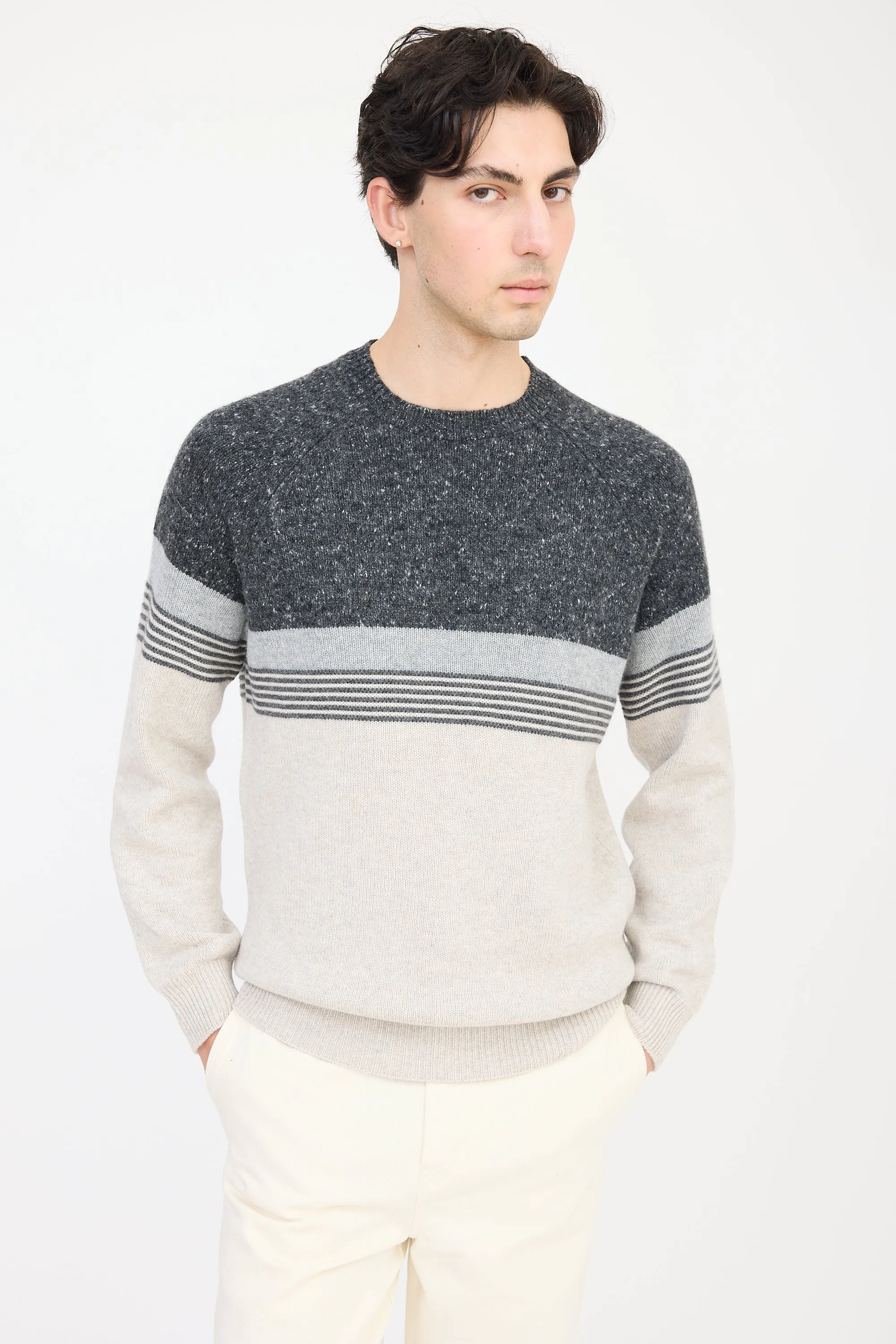 Grey Wool Knit Striped Sweater