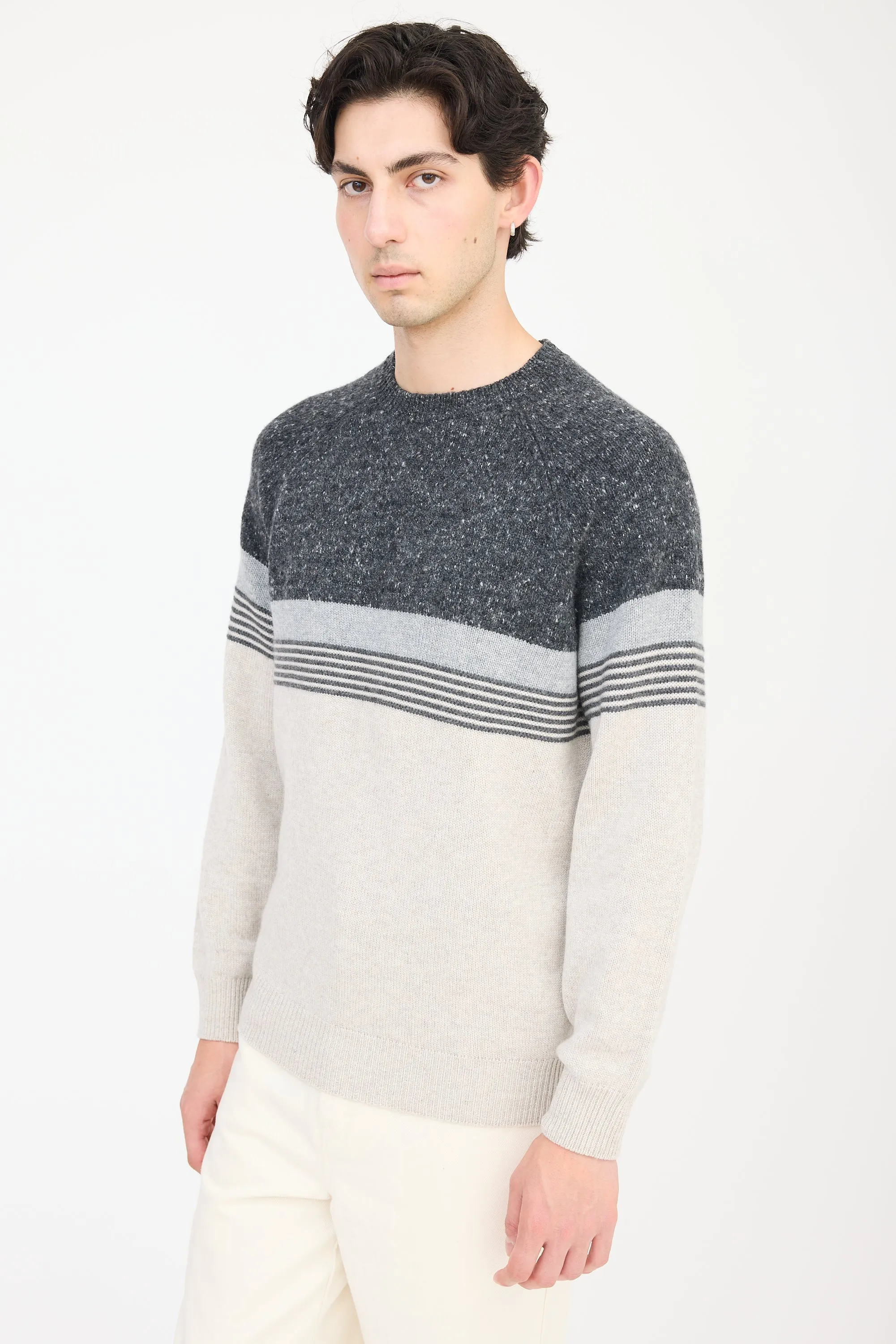 Grey Wool Knit Striped Sweater