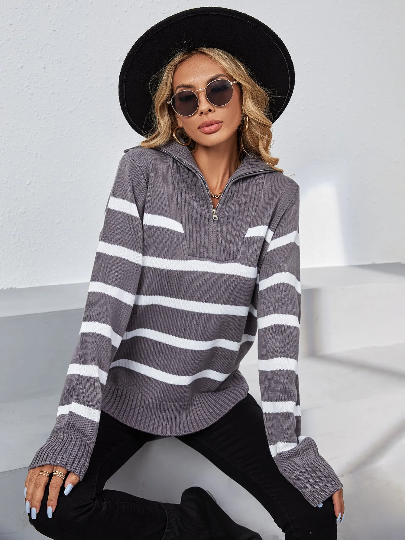 High Neck Striped Long Sleeve Zipper Sweater