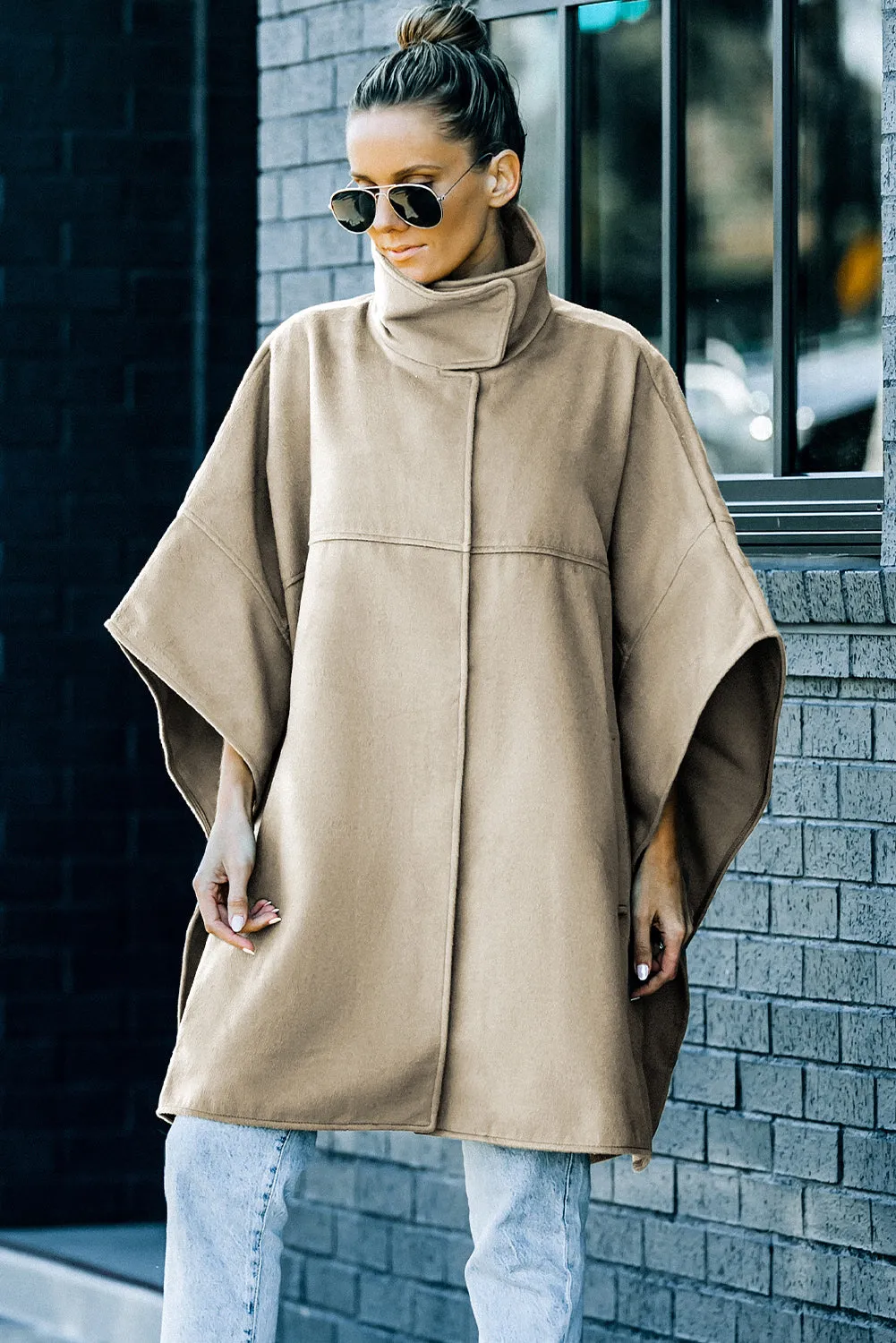 Khaki Snap Button Turn-down Collar Cape Coat