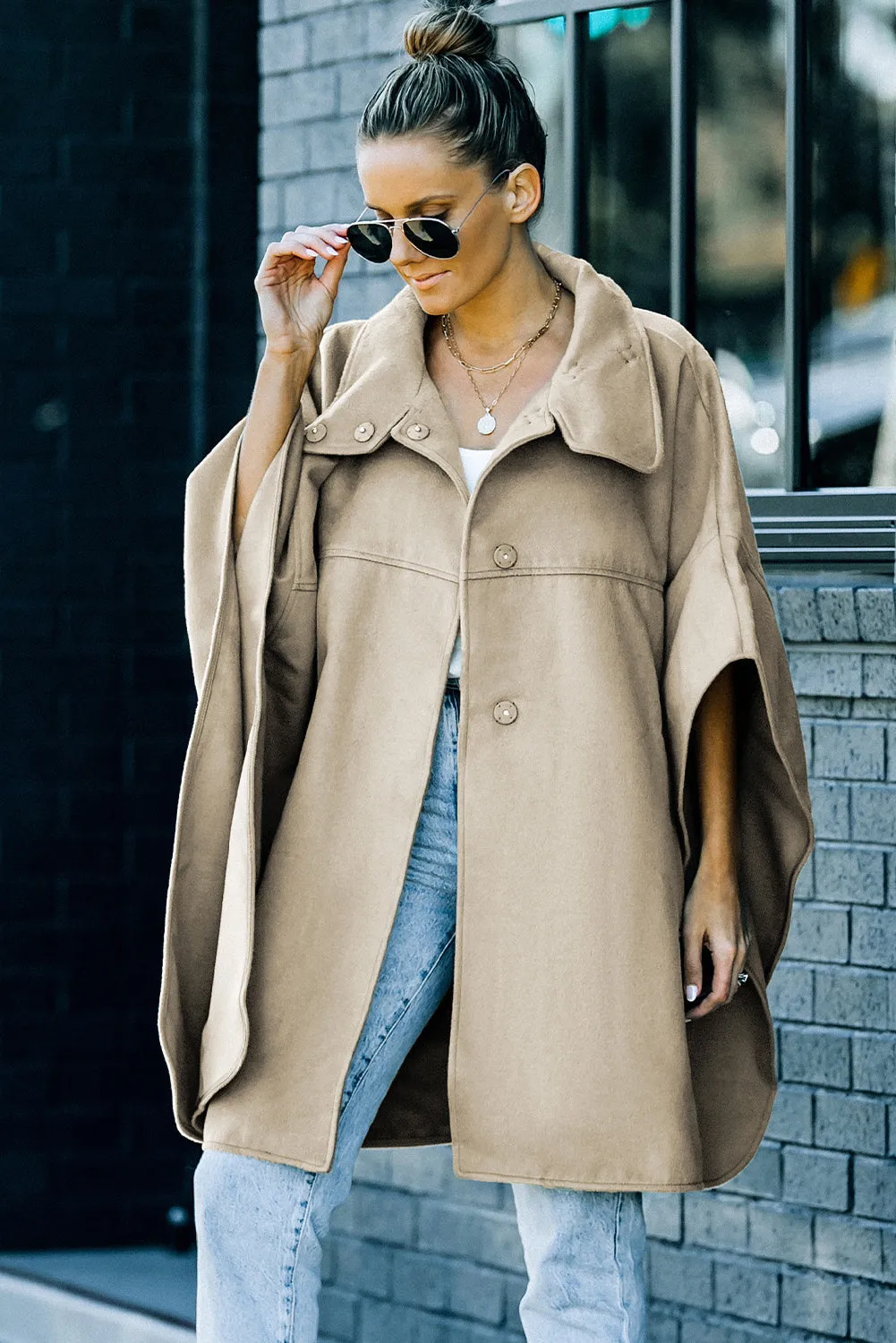 Khaki Snap Button Turn-down Collar Cape Coat