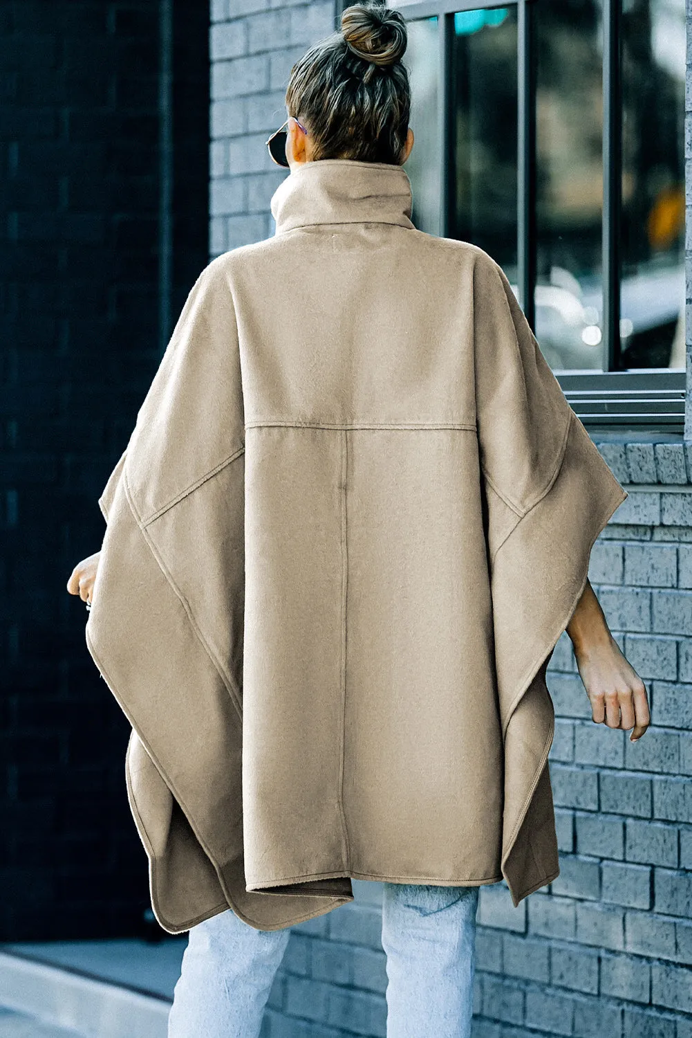 Khaki Snap Button Turn-down Collar Cape Coat