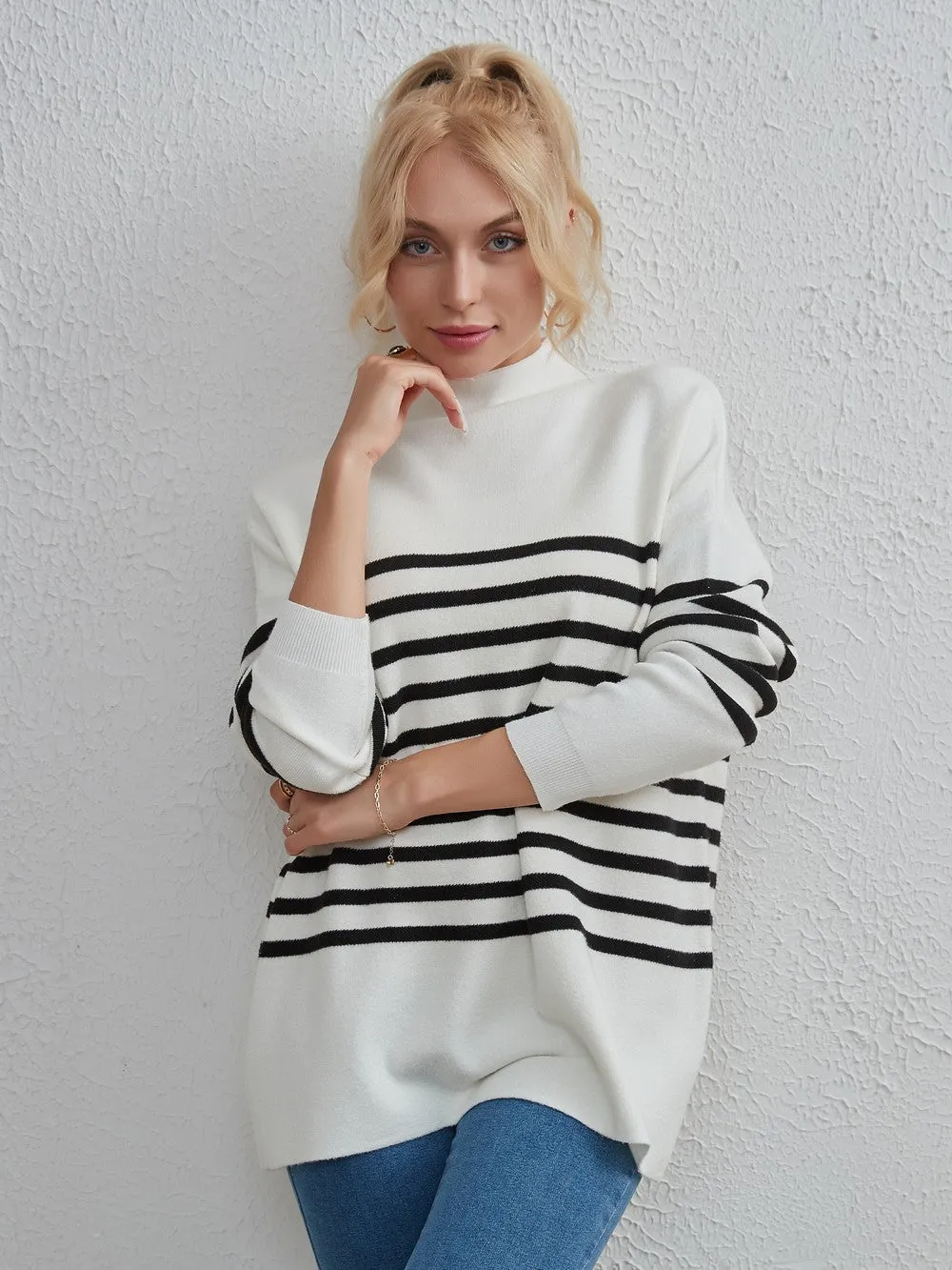 Large Size Striped Round Neck Loose Sweater