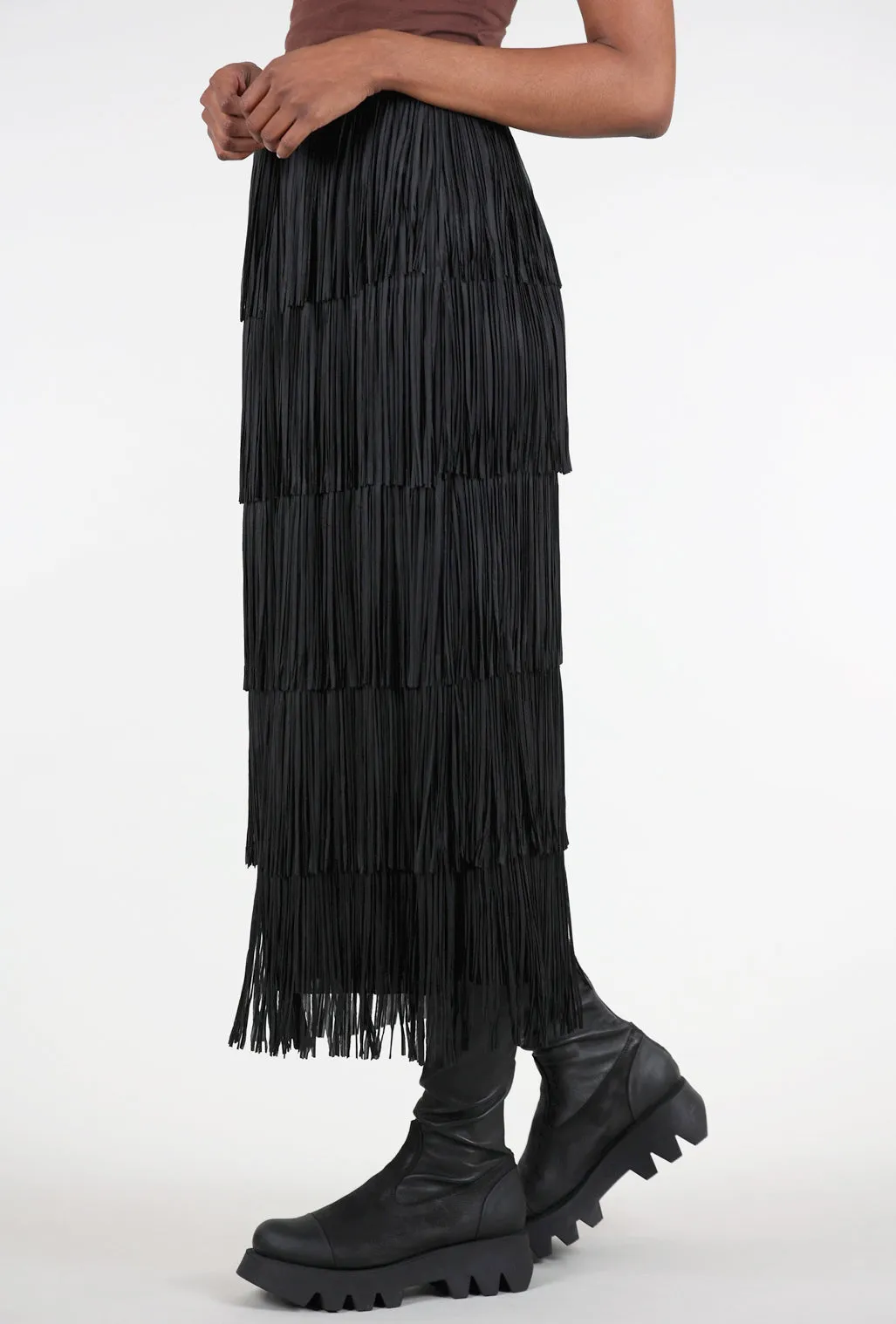 Layered Fringe Tiered Skirt, Black