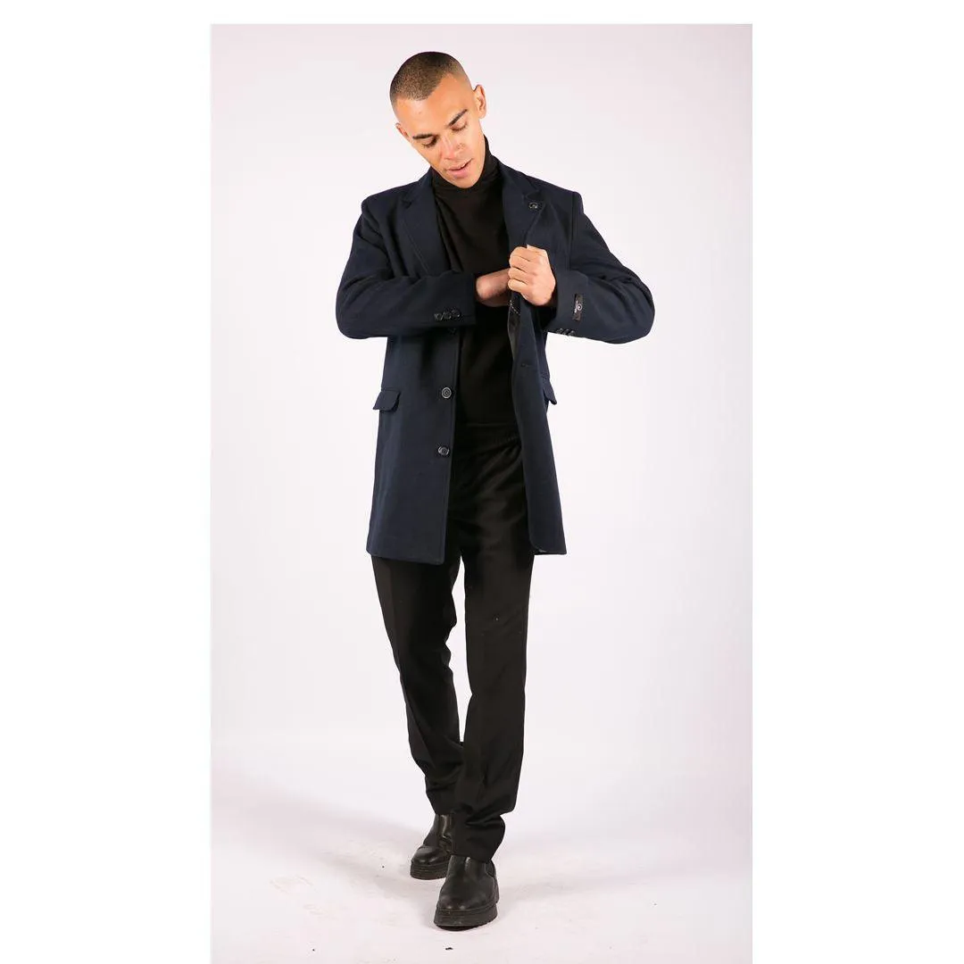 Mens 3/4 Long Overcoat Jacket Wool Feel Coat Blinders Slim Fit