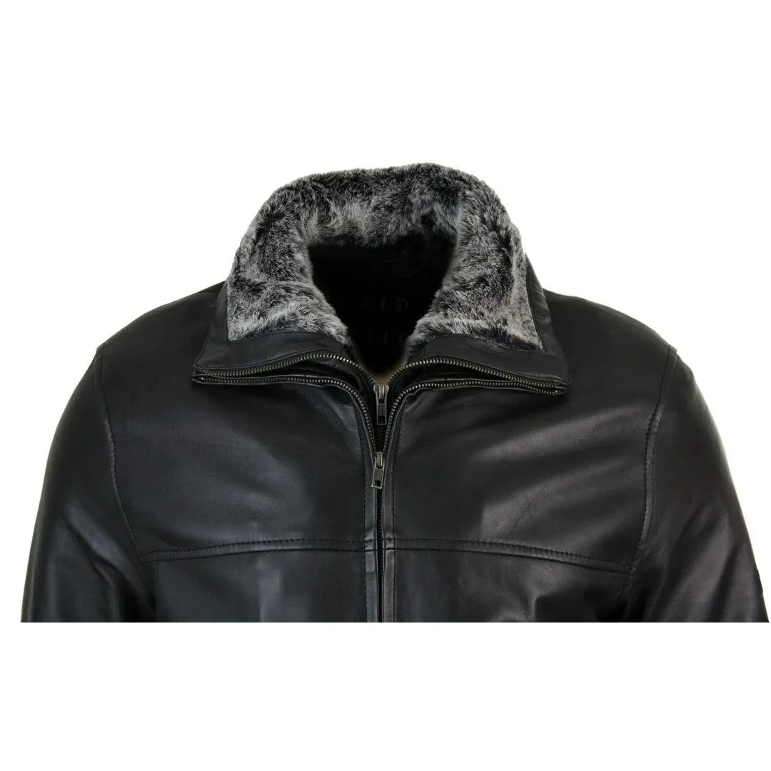 Mens Classic Double Zip Fur Lined Genuine Soft Leather Coat Jacket Regular Fit