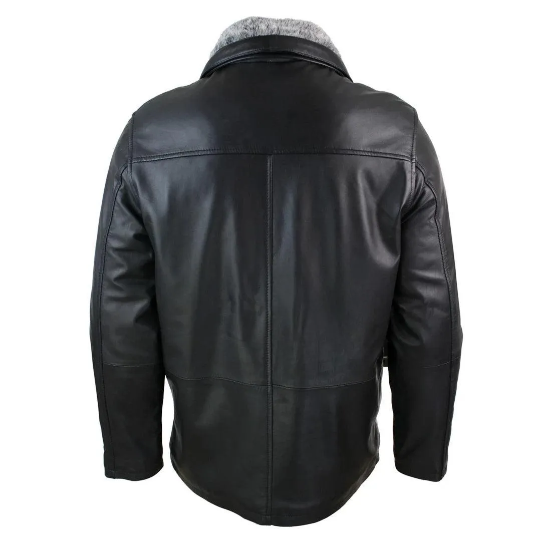 Mens Classic Double Zip Fur Lined Genuine Soft Leather Coat Jacket Regular Fit