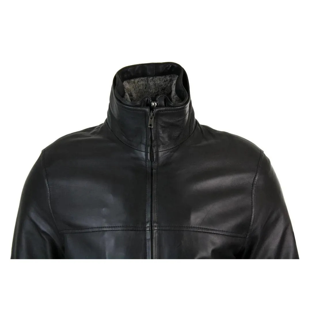 Mens Classic Double Zip Fur Lined Genuine Soft Leather Coat Jacket Regular Fit