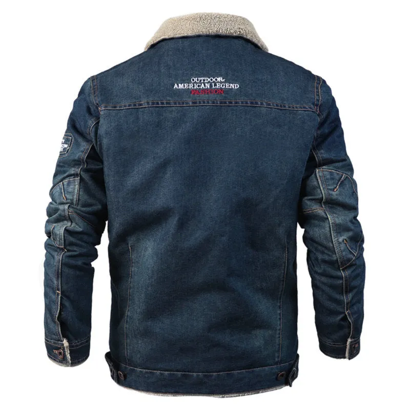 Men's Denim Fleece Lined Military Bomber Style Jean Jacket