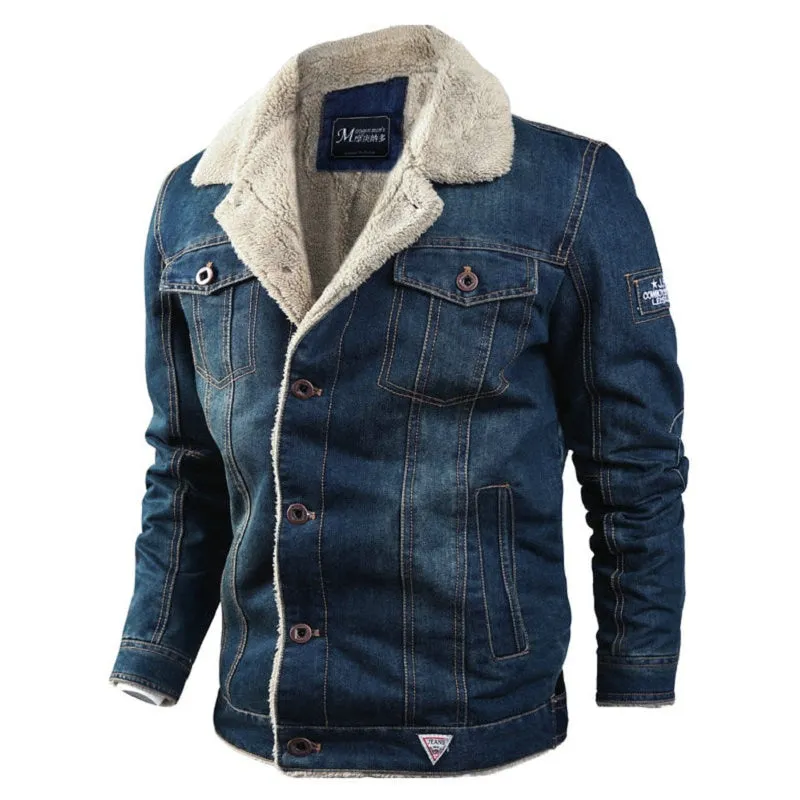 Men's Denim Fleece Lined Military Bomber Style Jean Jacket