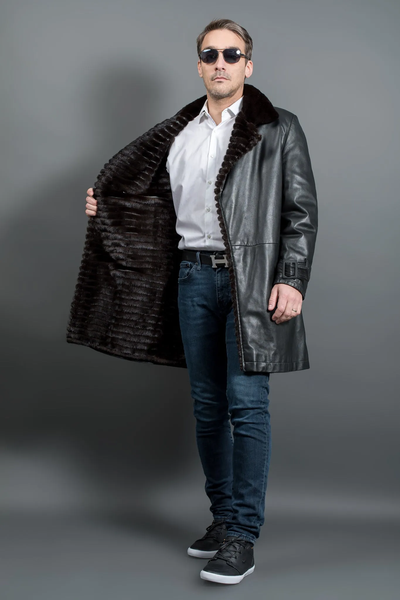 Men's leather and mink fur coat