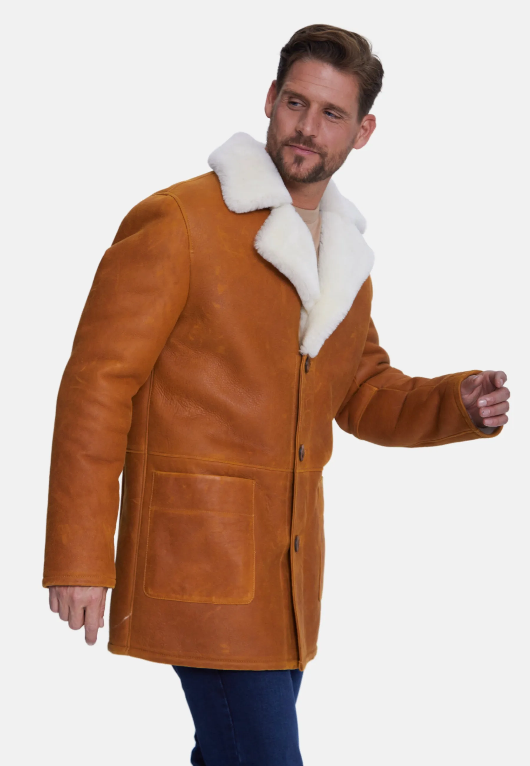 Men's Sheepskin Coat, Washed Whiskey with White Wool