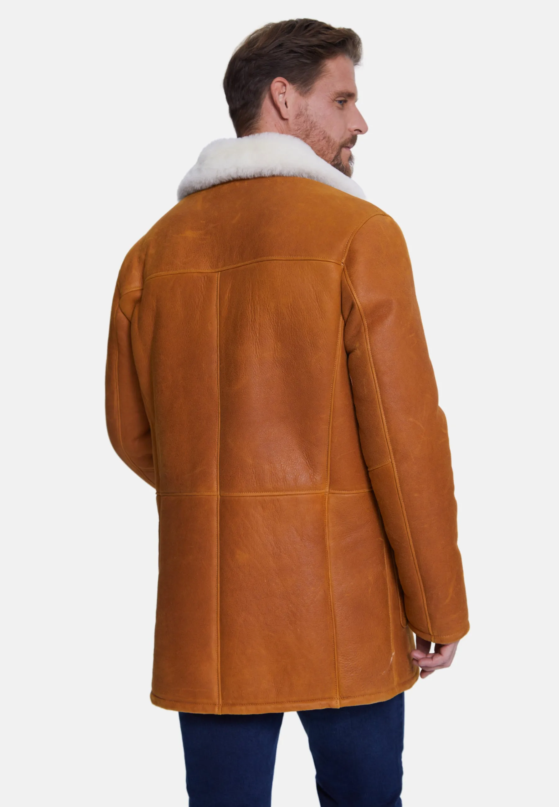 Men's Sheepskin Coat, Washed Whiskey with White Wool