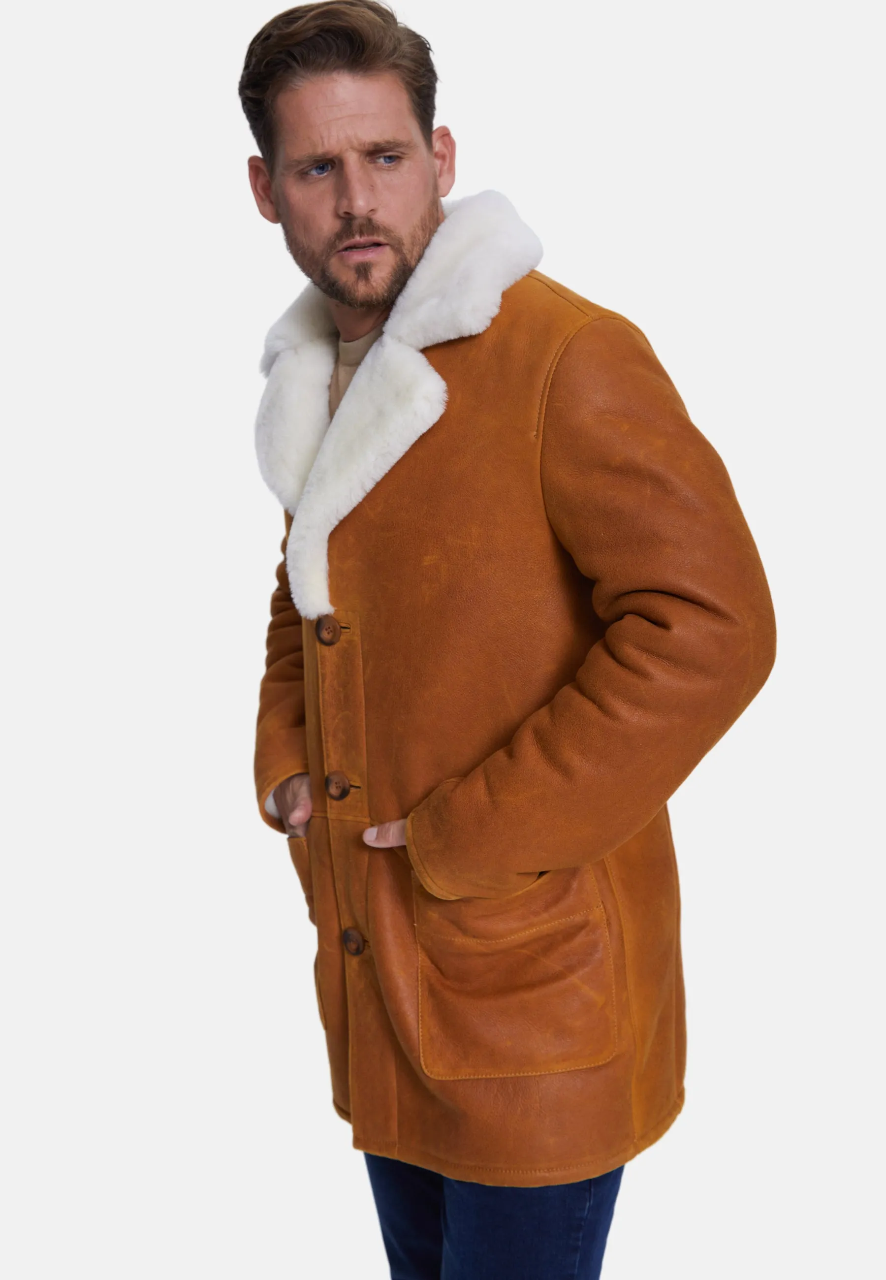 Men's Sheepskin Coat, Washed Whiskey with White Wool