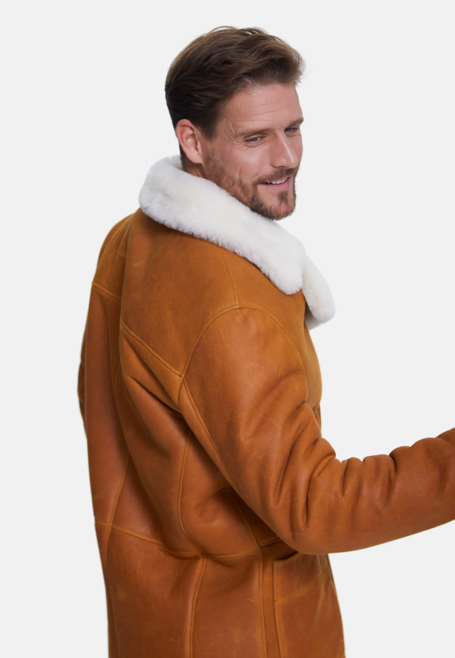 Men's Sheepskin Coat, Washed Whiskey with White Wool