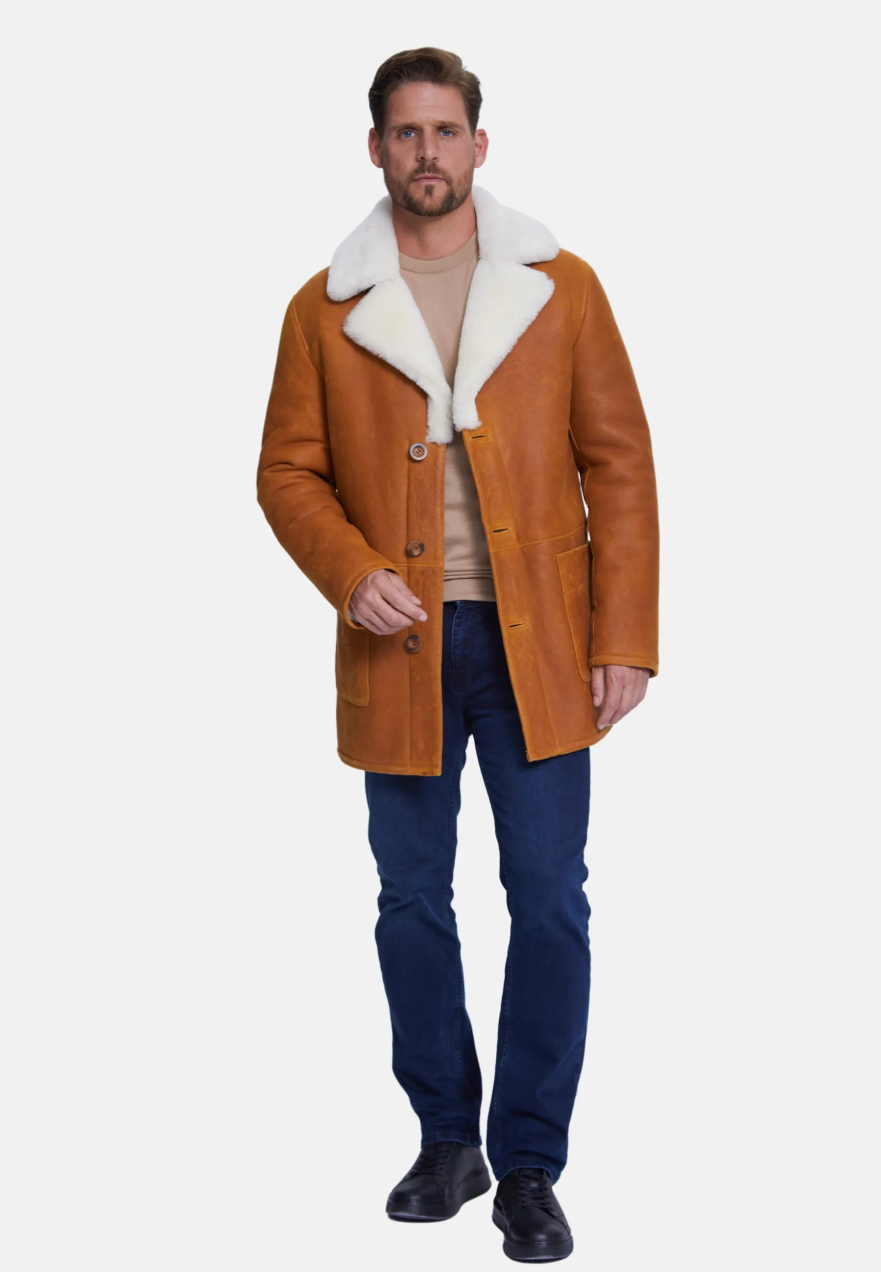 Men's Sheepskin Coat, Washed Whiskey with White Wool