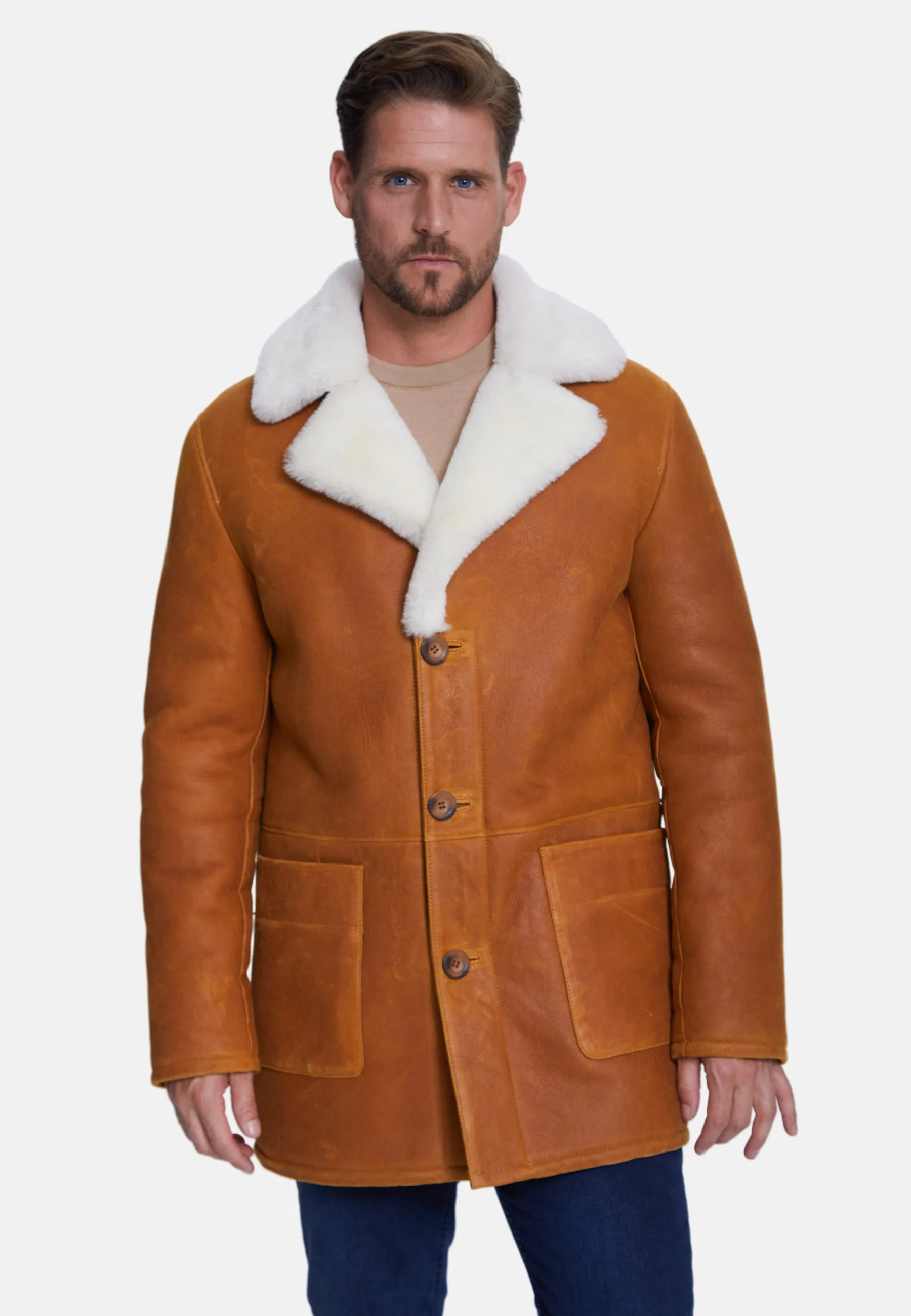 Men's Sheepskin Coat, Washed Whiskey with White Wool