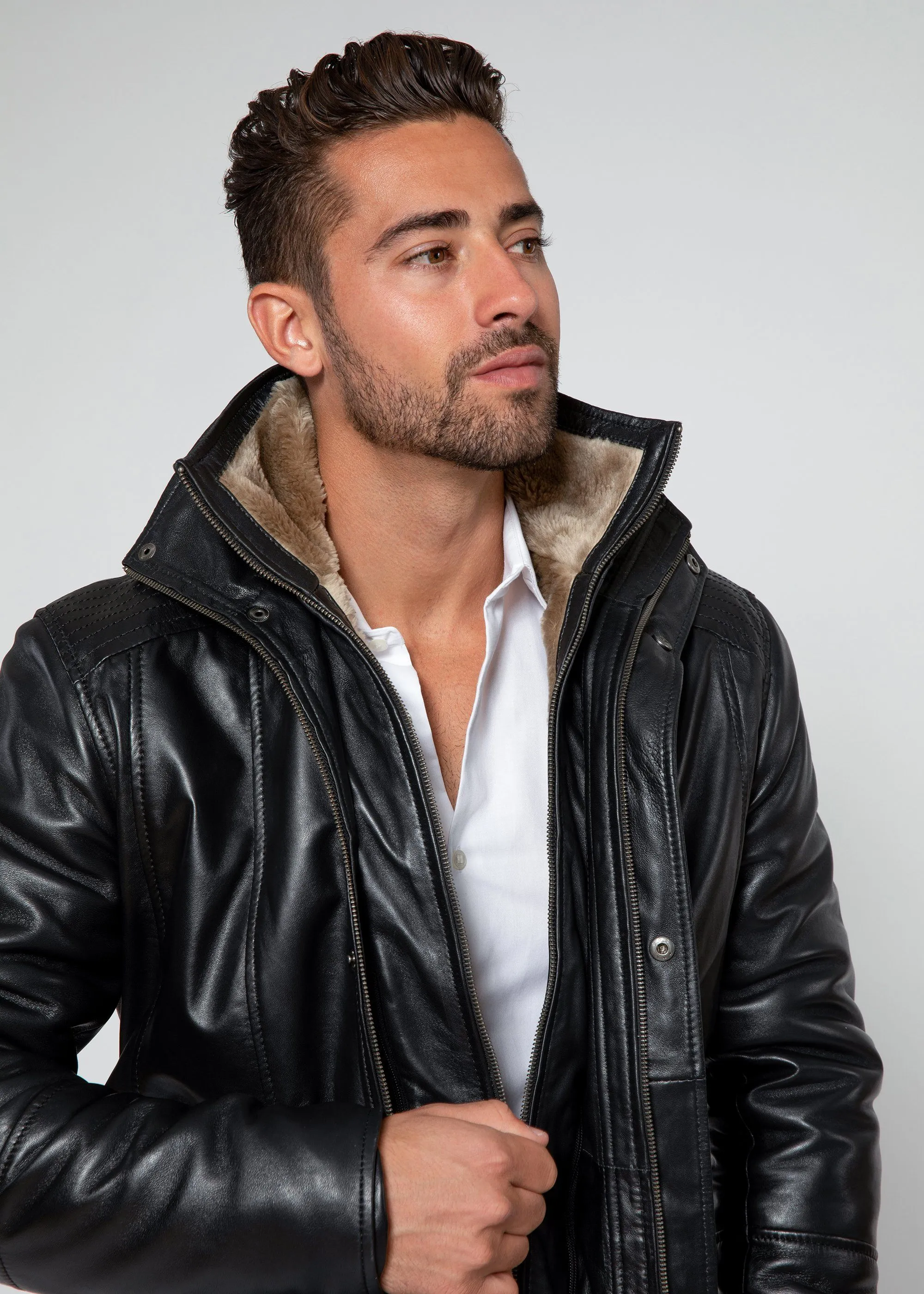 Men's Tiberius Premium Lambskin Leather Coat with Fur