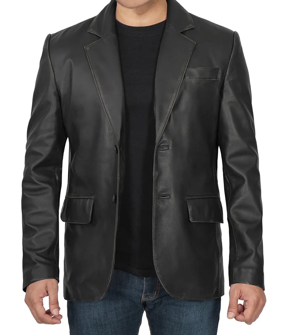 Men's Two Button Black Leather Blazer