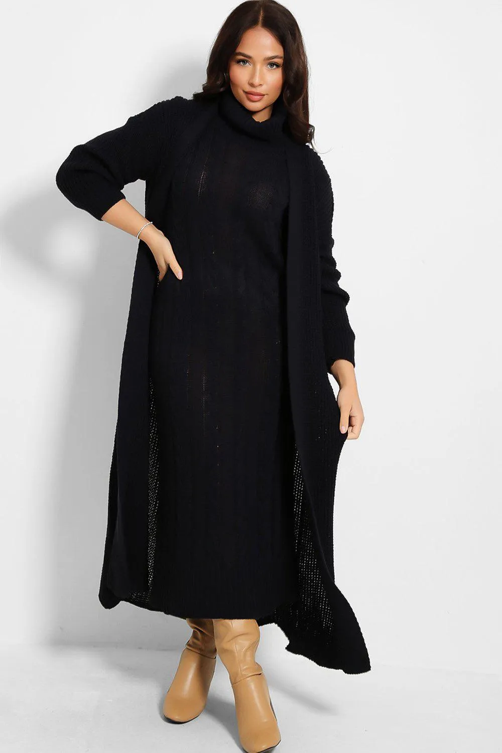 NAVY CABLE KNIT ROLL NECK MAXI DRESS & CARDIGAN SET