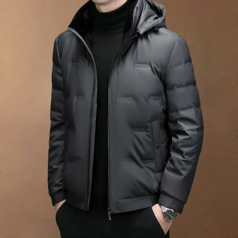 New Genuine Leather down Jacket Men Winter Short Hooded Puffer Jacket Men Waterproof Hooded down Coat Men Real