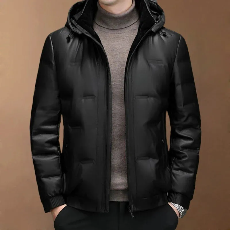 New Genuine Leather down Jacket Men Winter Short Hooded Puffer Jacket Men Waterproof Hooded down Coat Men Real