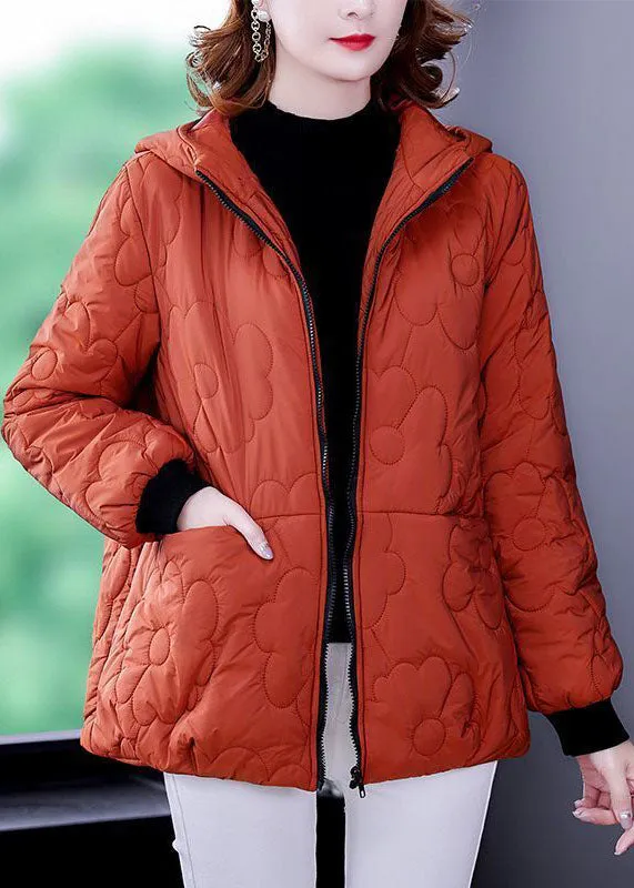 Plus Size Orange Hooded Zippered Fine Cotton Filled Winter Coats