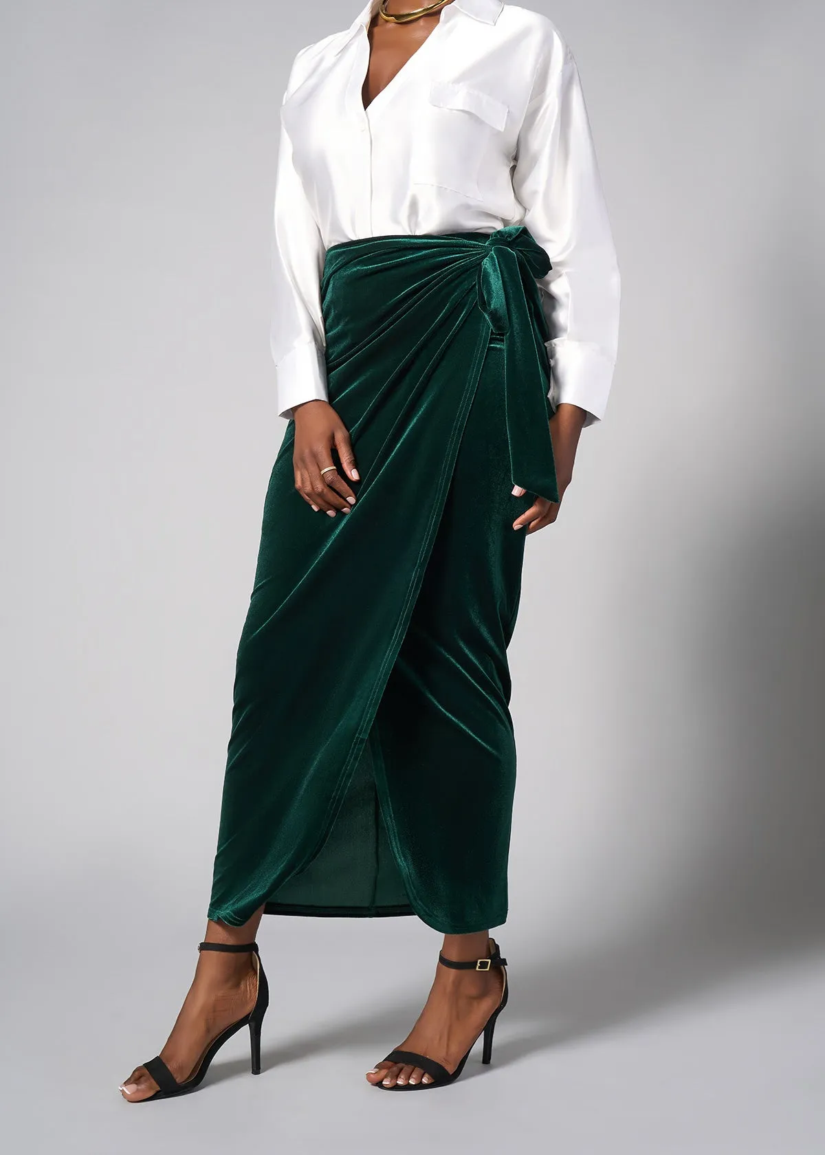 Tesafaye Women's Stretch Velvet Faux Wrap Skirt (Emerald)