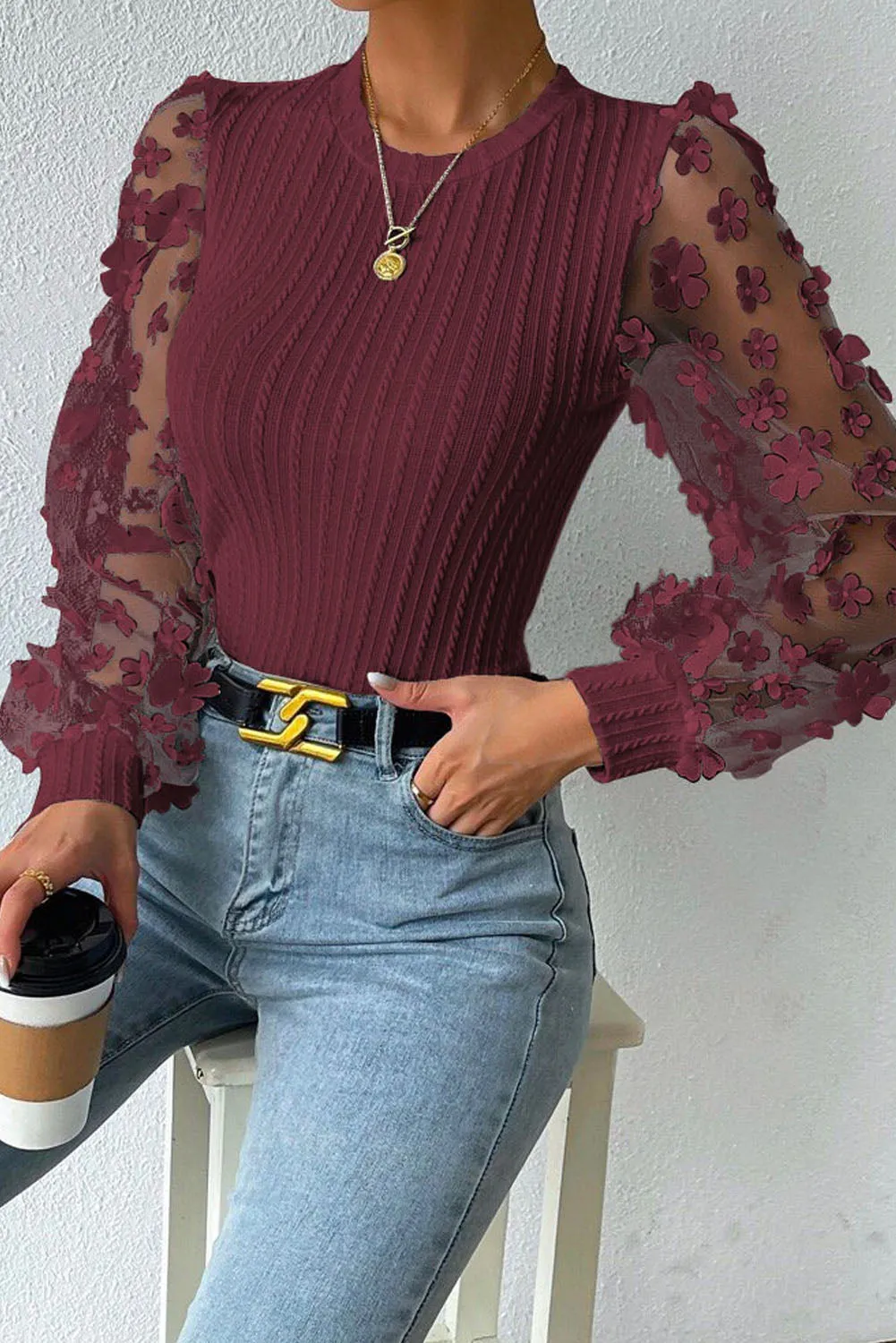 Uylee's Boutique Textured Applique Long Sleeve Blouse