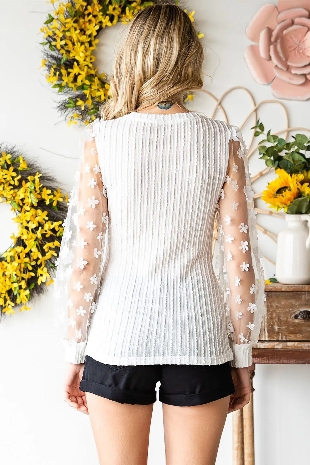 Uylee's Boutique Textured Applique Long Sleeve Blouse