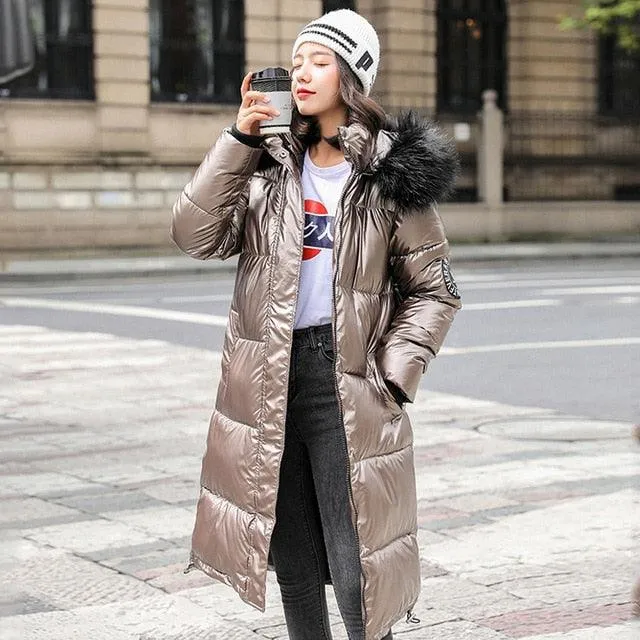 Women Long Oversized Down Parka jackets thick with fur hood winter female down coats hooded solid piumini donna