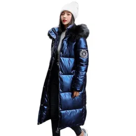 Women Long Oversized Down Parka jackets thick with fur hood winter female down coats hooded solid piumini donna