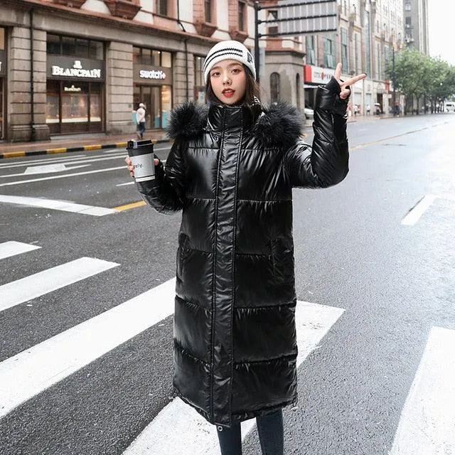 Women Long Oversized Down Parka jackets thick with fur hood winter female down coats hooded solid piumini donna