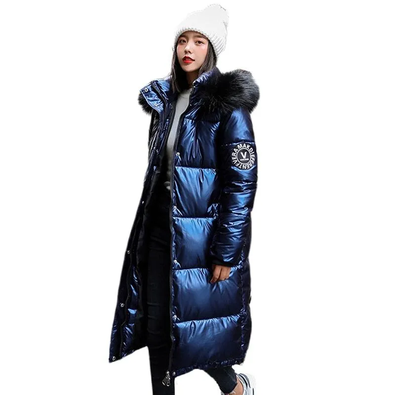 Women Long Oversized Down Parka jackets thick with fur hood winter female down coats hooded solid piumini donna