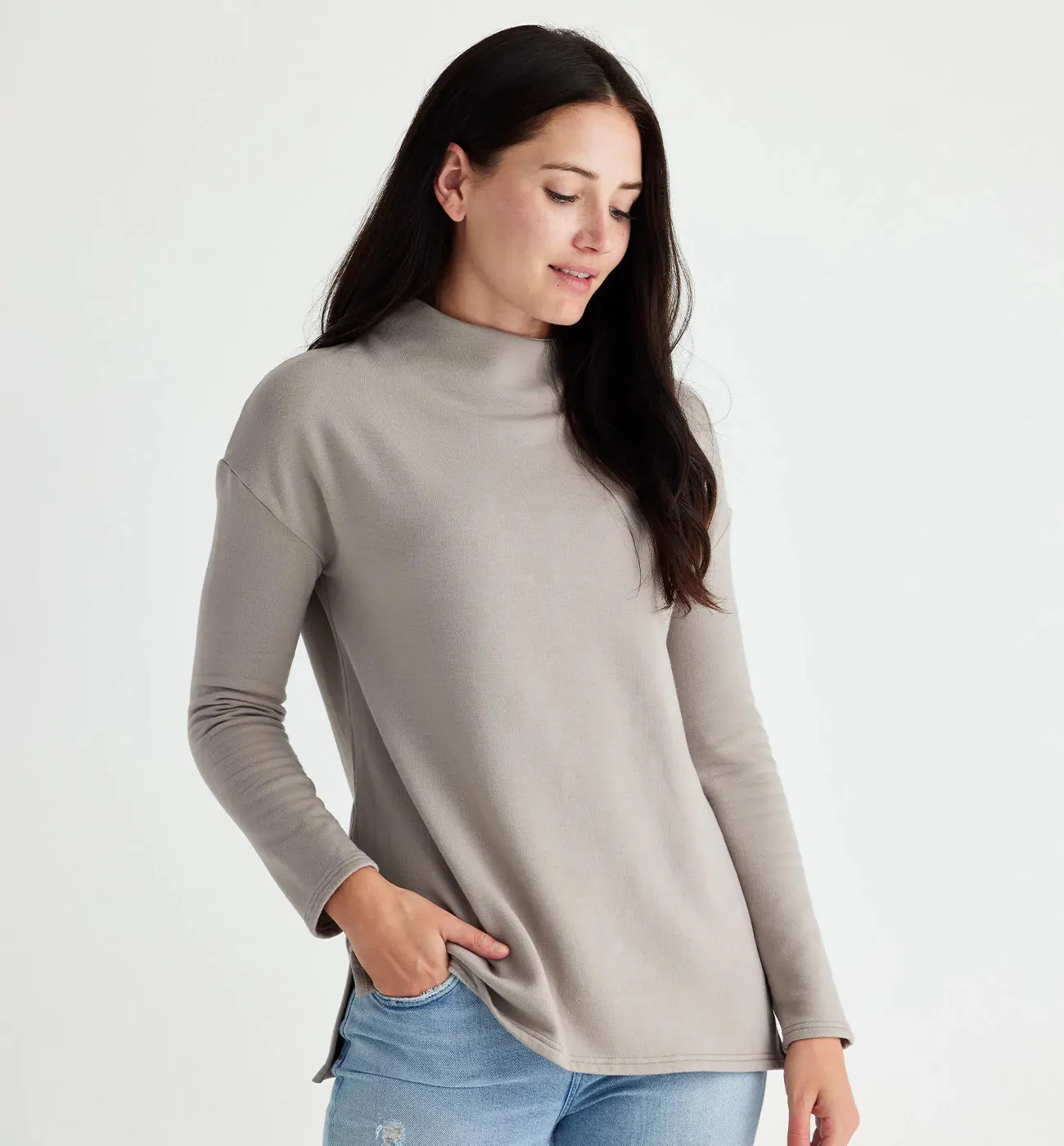 Women's Bamboo Thermal Fleece Mockneck - Heather Stone