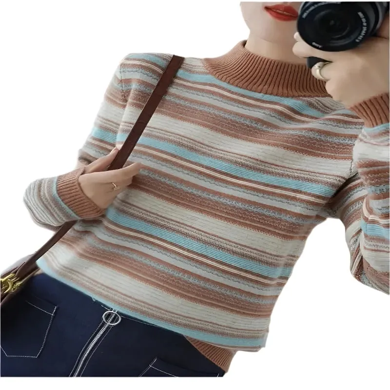 Women's Rainbow Stripe Knit Sweater - Loose Fit Round Neck Pullover, Korean Style Knitwear, Autumn Winter Large Size 4XL