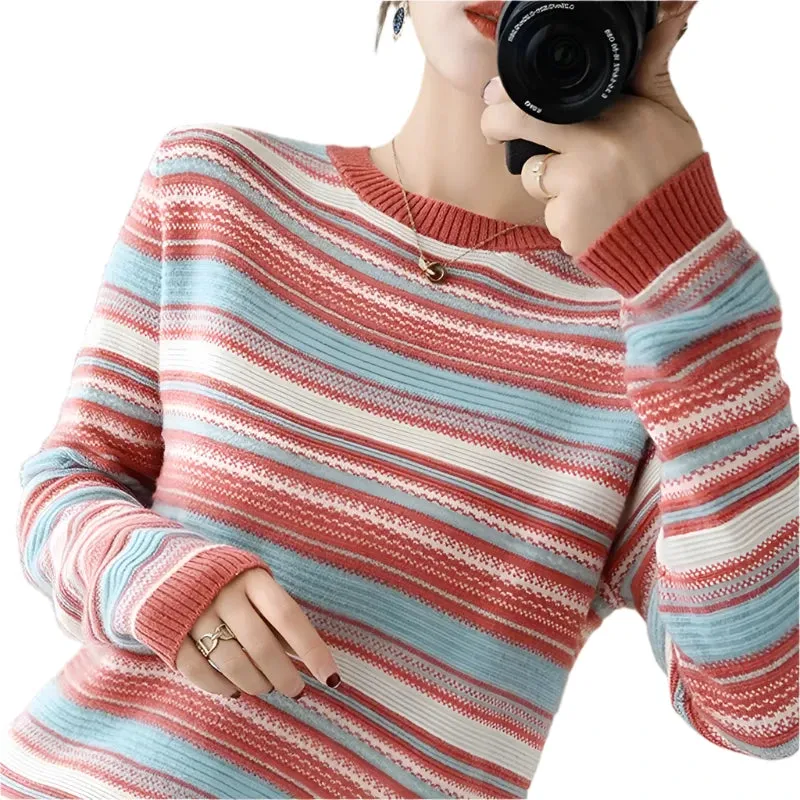 Women's Rainbow Stripe Knit Sweater - Loose Fit Round Neck Pullover, Korean Style Knitwear, Autumn Winter Large Size 4XL