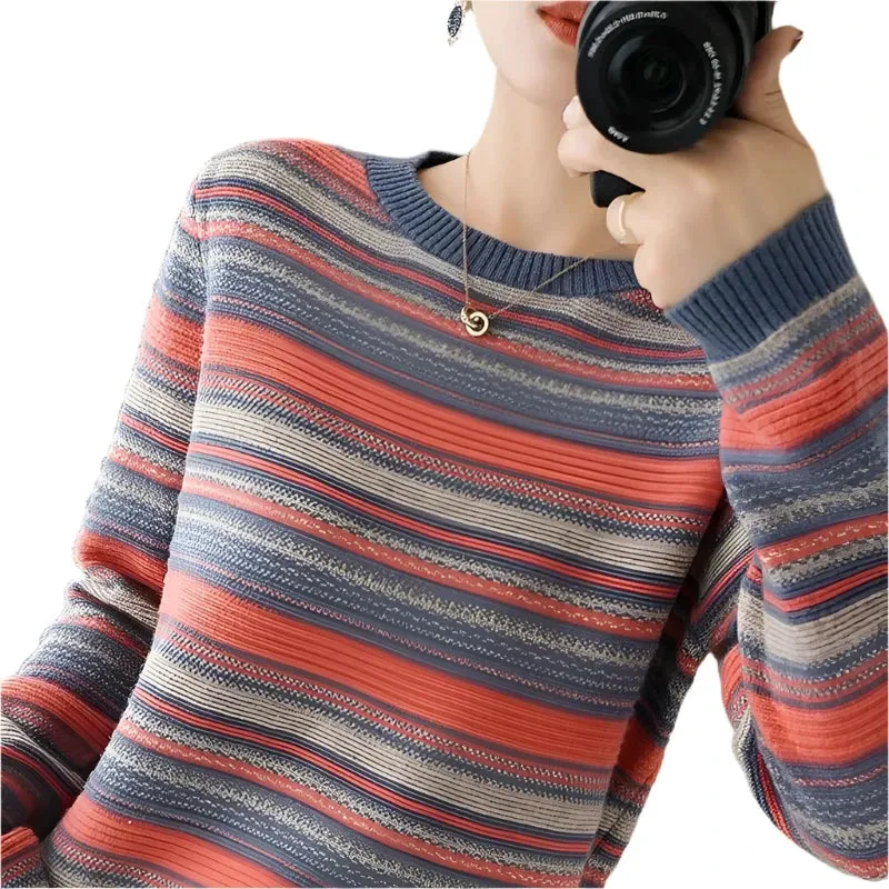 Women's Rainbow Stripe Knit Sweater - Loose Fit Round Neck Pullover, Korean Style Knitwear, Autumn Winter Large Size 4XL