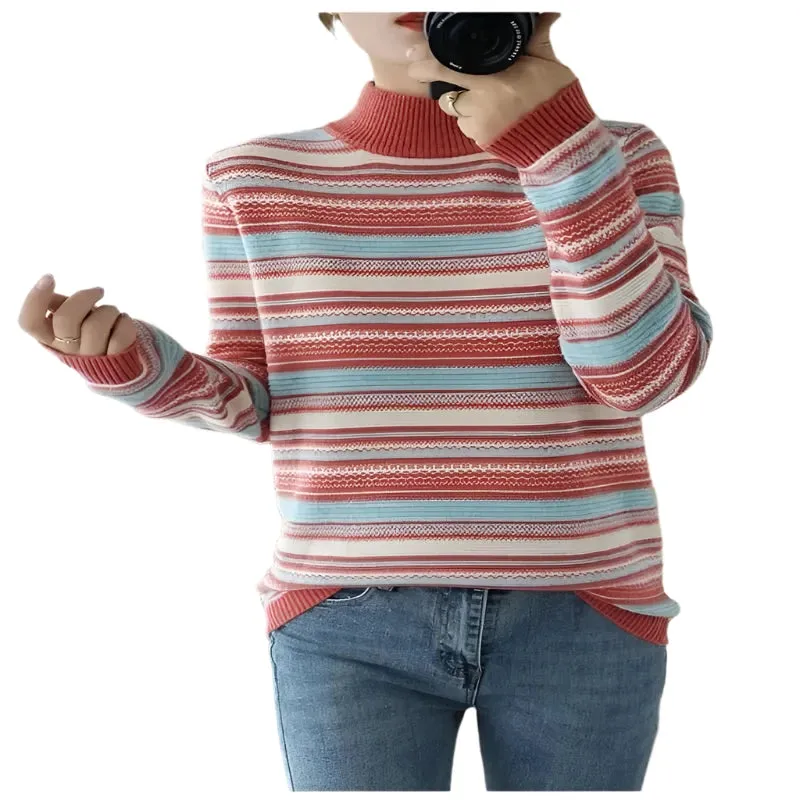 Women's Rainbow Stripe Knit Sweater - Loose Fit Round Neck Pullover, Korean Style Knitwear, Autumn Winter Large Size 4XL