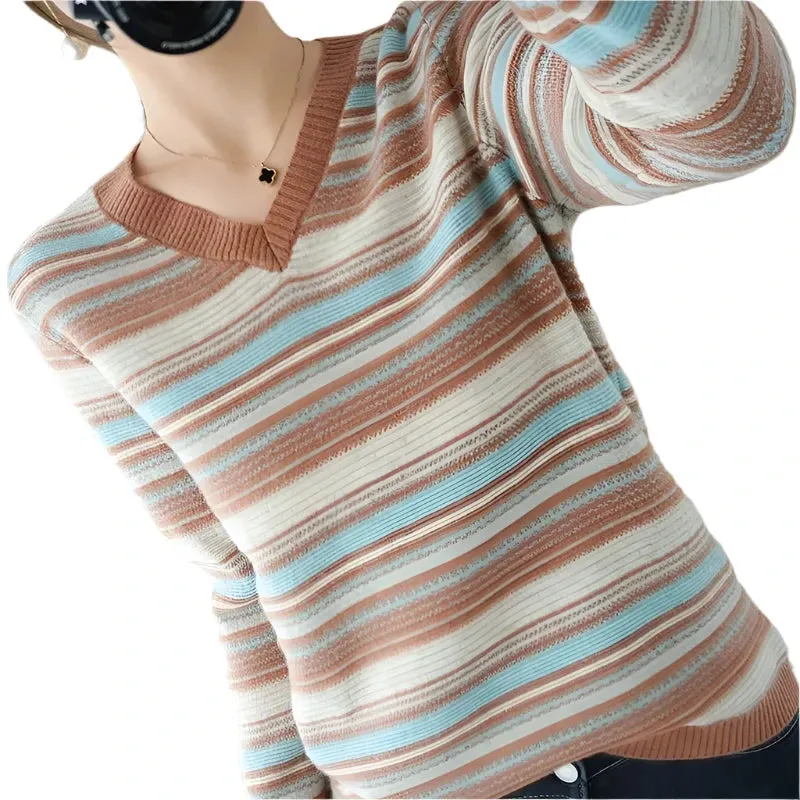 Women's Rainbow Stripe Knit Sweater - Loose Fit Round Neck Pullover, Korean Style Knitwear, Autumn Winter Large Size 4XL