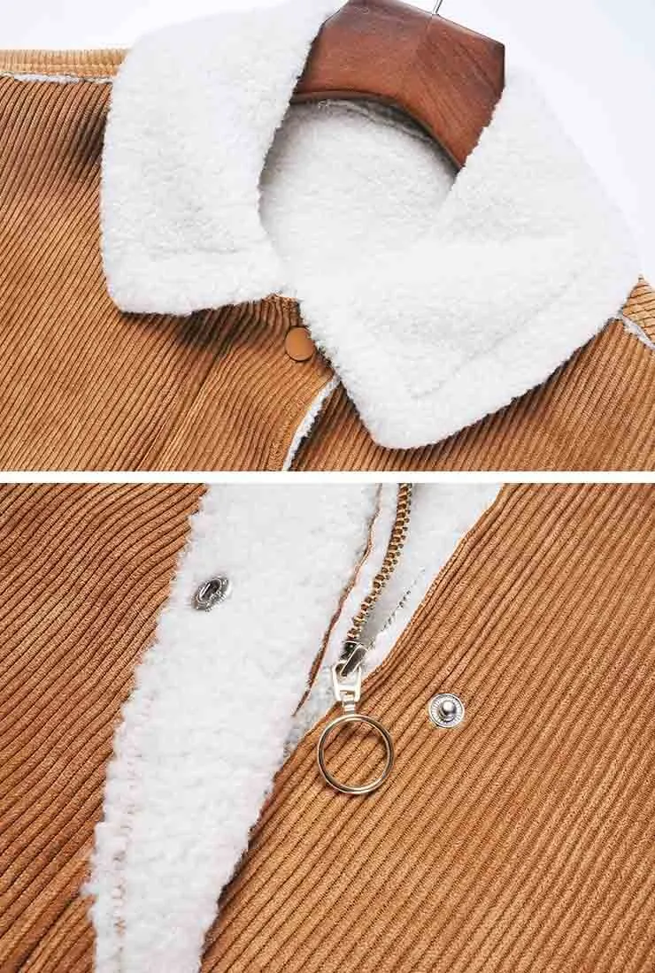 Wool Blend Lapel Collar Mid-length Corduroy Jacket