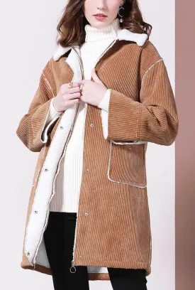 Wool Blend Lapel Collar Mid-length Corduroy Jacket